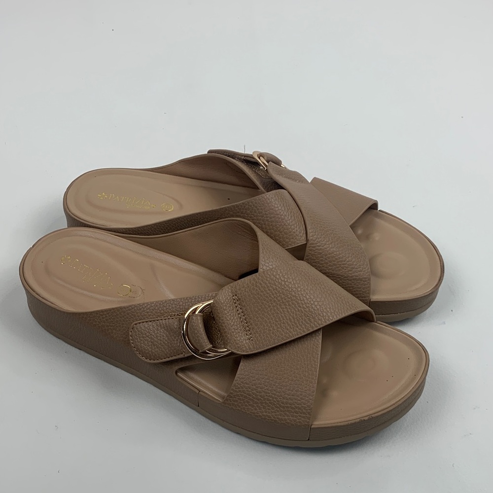 Patrizia Spring Step Tan Nude Slide Sandals SZ 9 Gold ring strap Adjustable NEW